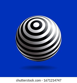 Esfera rayada en blanco y negro con luz y sombra realistas. Objeto vector 3D abstracto.