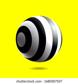 Black and white striped sphere with realistic light and shadow. Abstract 3D vector object.