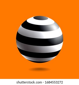 Black and white striped sphere with realistic light and shadow. Abstract 3D vector object.