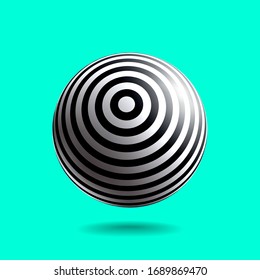 Esfera rayada en blanco y negro con luz y sombra realistas. Objeto vector 3D abstracto.