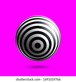 Black and white striped sphere with realistic light and shadow. Abstract 3D vector object.