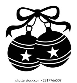 Black and white striped spherical ornaments tied with decorative bow ribbon featuring stars