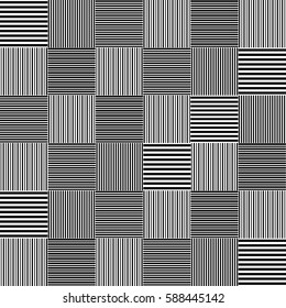 Black and white striped squares simple patchwork blanket seamless pattern, vector background