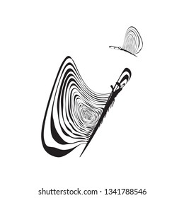 Black and white striped stylized flying butterfly isolated. Simple lined symbol of moth