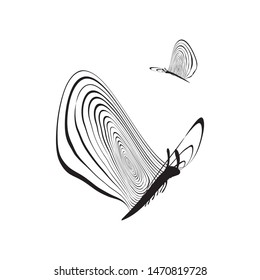 Black and white striped stylized flying butterfly isolated. Simple lined symbol of moth