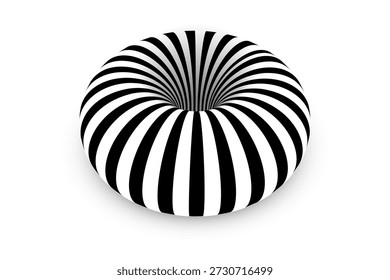 Toro de rayas blancas negras formando un túnel circular profundo con líneas curvas suaves. Patrón convergente con fuerte contraste óptico y profundidad redondeada. Abstractas Ilustración vectorial geométrica.