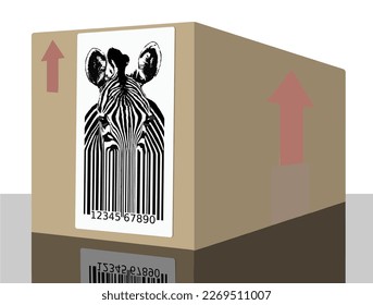 Una cebra de rayas blancas y negras se mezcla de forma interesante en un código de barras de rayas similares con números. Vector.