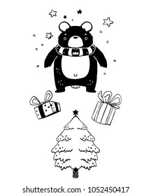 Black and white stripes, bears, drums, gifts and Christmas trees.