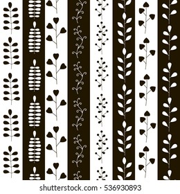 Black and white stripes with branches and leaves. Vector illustration. Seamless pattern.