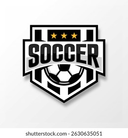 Black and white stripes football logo badge with a soccer ball illustration. Sport team logo vector template.