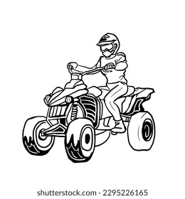 Bandas negras y blancas de una persona que conduce una motocicleta de 4 ruedas.Ilustración vectorial aislada en fondo blanco.Diseño compacto para la impresión de camisetas, icono, logotipo, etiqueta, parche o pegatina.