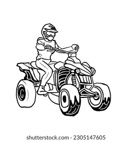 Bandas negras y blancas de una persona que conduce una motocicleta de 4 ruedas.Ilustración vectorial aislada en fondo blanco.Diseño compacto para la impresión de camisetas, icono, logotipo, etiqueta, parche o pegatina.