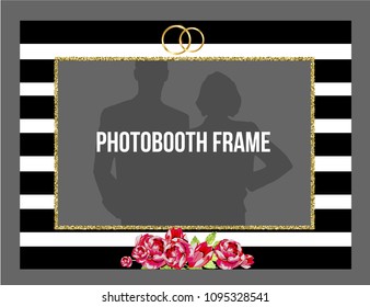 Black and white stripes photobooth frame with flowers and golden rings. Floral design wedding template.