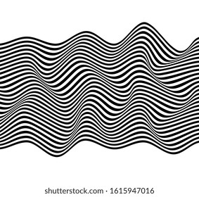 Black and white stripes. Psychedelic, hypnotic line abstract background. Vector pattern. Warped waves. Monochrome illustration. Banner, wallpaper, template, print, poster. Ocean, sea concept. Border