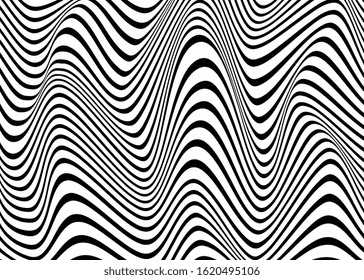 Black and white stripes. Psychedelic, hypnotic line abstract background. Vector pattern. Warped waves. Monochrome illustration. Banner, wallpaper, template, print, poster. Ocean, sea concept. Border