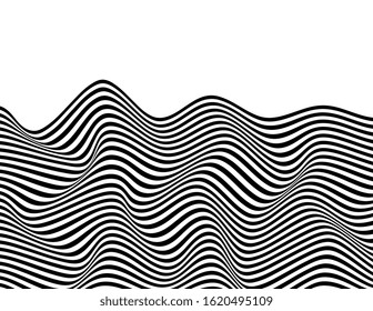 Black and white stripes. Psychedelic, hypnotic line abstract background. Vector pattern. Warped waves. Monochrome illustration. Banner, wallpaper, template, print, poster. Ocean, sea concept. Border