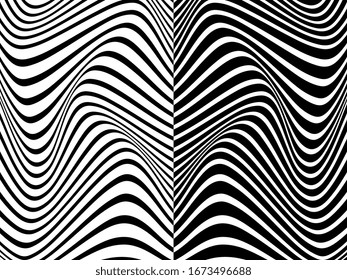 Black and white stripes. Psychedelic, hypnotic line abstract background. Vector pattern. Warped waves. Monochrome illustration. Banner, wallpaper, template, print, poster. Ocean, sea concept. Mirror