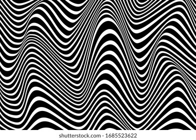 Black and white stripes. Psychedelic, hypnotic line abstract background. Vector pattern. Warped waves. Monochrome illustration. Banner, wallpaper, template, print, poster. Ocean, sea concept. Border