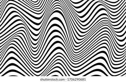 Black and white stripes. Psychedelic, hypnotic line abstract background. Vector pattern. Warped waves. Monochrome illustration. Banner, wallpaper, template, print, poster. Ocean, sea concept. Border