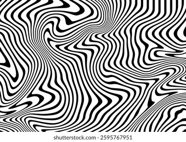 Black and white stripes. Psychedelic, hypnotic line abstract background. Vector zebra pattern. Warped waves. Monochrome illustration. Banner, wallpaper, template, print, poster. Optical illusion.