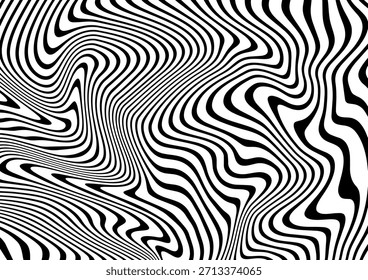 Listras pretas e brancas. Psicodélico, linha hipnótica, fundo abstrato. Padrão de zebra vetorial. Ondas deformadas. Ilustração monocromática. Faixa, papel de parede, modelo, impressão, cartaz. Ilusão óptica.