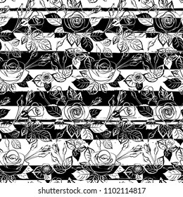 black and white stripes roses seamless pattern, vector repeatable illustration of textile fabric