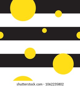 Black and white stripes seamless pattern with yellow circles. Modern geometric background, creative design card. Trendy concept.