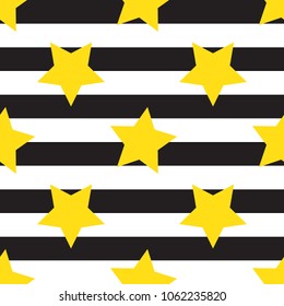 Black and white stripes seamless pattern with scattered yellow stars. Modern geometric background, creative design cards. Trendy concept. 