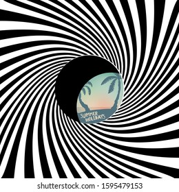 The black and white stripes twisting into the tunnel form and hole through which a sunny beach is visible. Tourism concept, vector illustration.