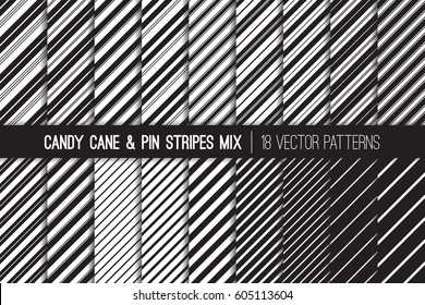 Black and White Stripes Vector Patterns. Mixed Set of Pin Stripes, Candy Stripes and Candy Cane Stripes. Monochrome Backgrounds. Variable Thickness Diagonal Lines. Pattern Tile Swatches Included.