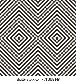 Black and white stripes vector seamless pattern with crossing diagonal striped lines, rotated squares. Chevron texture. Simple monochrome geometric background, repeat tiles. Pop art style design