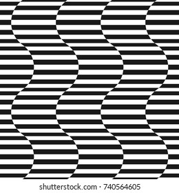 Black and white stripes vector seamless pattern. Simple texture with horizontal striped lines, wavy shapes. Trendy abstract design, pop art style. Creative geometric background, optical illusion 