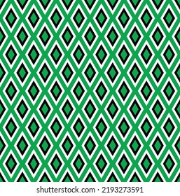 Black and white stroke diamond shape pattern on green background. Colorful geometrical pattern. Seamless modern diamond shape design.