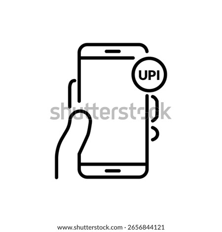 Black and White Stroke Icon Illustration of Hand Holding Mobile for Sending or Receiving UPI Payment – Minimalist Digital Transaction Symbol