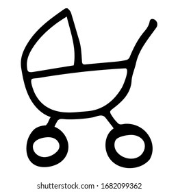 Black And White Stroller Doodle Sketch. Hand-Drawn Isolated Illustration On White Background. Stroller For Kid Coloring Book, Coloring Page, Design And Birthday Card.