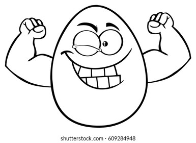 Black And White Strong Egg Cartoon Mascot Character Winking And Showing Muscle Arms. Vector Illustration Isolated On White Background