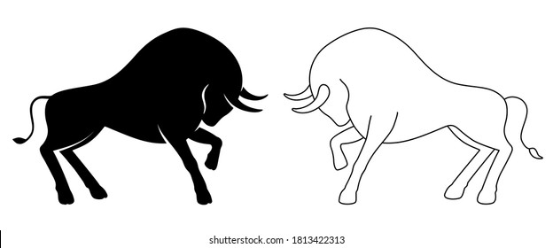 Black and white strong wild Bulls. Solid fill and outline image. Symbol of 2021 year. Stylized standing and butting up oxes. Isolated on white background. Vector illustration.