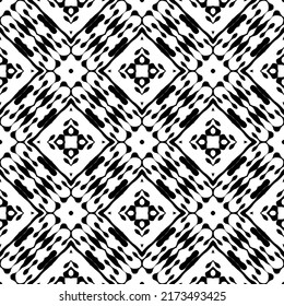 Black and white structured seamless pattern. Abstract ornamental geometric background. Repeat elegant backdrop. Symmetrical ornaments with abstract flowers, geometrical shapes, lines, flowers, rhombus