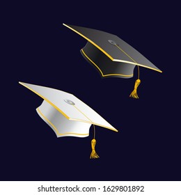 Black and white student caps. Graduation hat. Academic celebration symbol. Education square uniform.