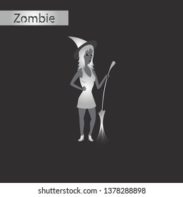 black and white style icon of witch with broom