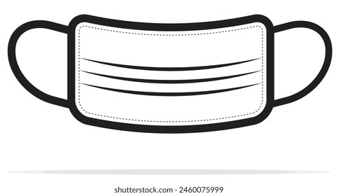 black and white style medical mask. Protect against Covid 19 virus. Icons and floats in the air with shadows Isolated on white background.