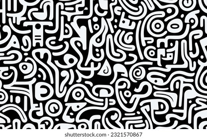 black and white style pattern, in the style of keith haring, dariusz klimczak, roni horn, trompe-l'œil illusionistic detail, minimalist figures, tagging-like marks, earthy organic shapes