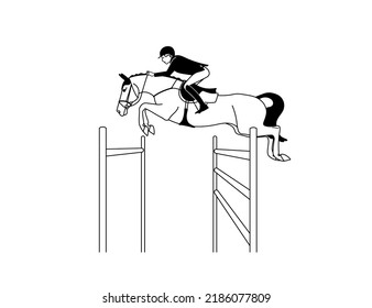 Black and white stylish image of an athlete on a horse, equestrian sports, show jumping