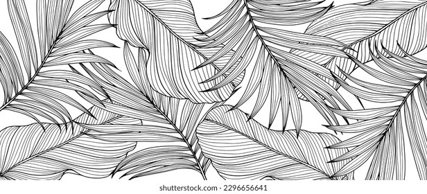 Black and white stylish tropical illustration with palm and banana leaves. Background for coloring books, decor, designs, postcards, presentations