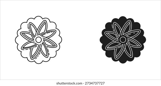 Black and white stylized atomic flower symbol with eight petals