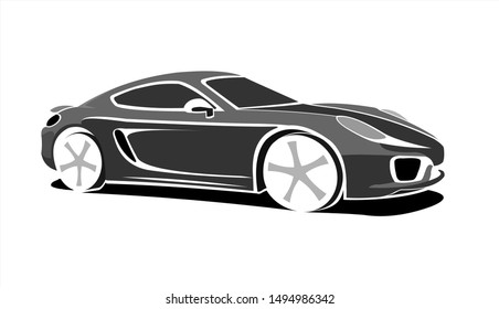 Black and white Stylized Car, Side view, Three-quarter view. Fast Racing car. Sport car. Modern flat Vector illustration on white background.