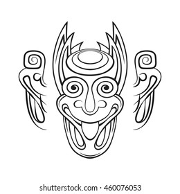 Black and white stylized demon head with horns on a white background