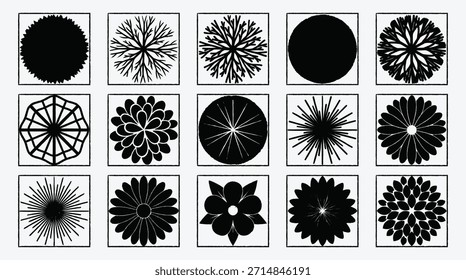Patrones florales estilizados en blanco y negro en arreglo de marcos cuadrados