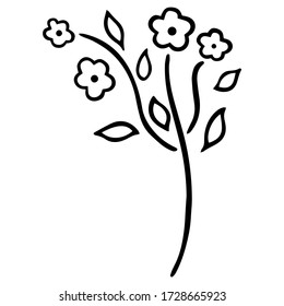 Black and white stylized forget-me-not with four blossoming buds and leaves. Abstract beautiful flowering garden and wild flower. Floral doodle Vector.