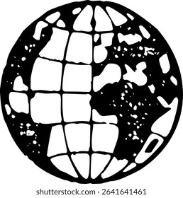 Black and white stylized globe icon with grid structure, representing internet, worldwide access, and global network in minimalist style.